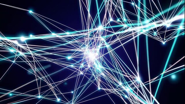 A stunning video visualization of glowing blue lines and dots intersecting in a dark space