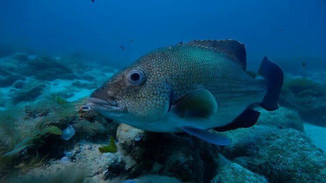 Close up of adult twinspot snapper in the deep blue sea underwater environment abundant marine life at the ocean floor