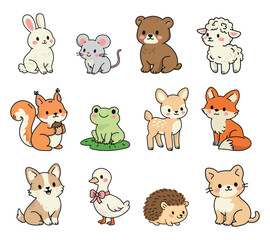 Obraz premium Cute hand drawn woodland animals set, cartoon animal characters illustration for kids