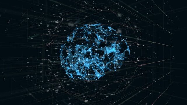 digital artificial intelligence brain background. Futuristic neural network technology concept featuring glowing blue polygon connection lines and dots on dark data grid.