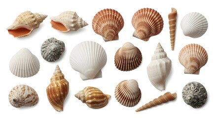 Comprehensive Collection of Diverse Seashells Including Scallops, Conches, and Spirals in Various Earthy Tones and Patterns, Neatly Arranged on a Clean White Background for Marine Study or Design.