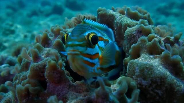 Close up of curious clown triggerfish hiding among coral reef underwater sea life marine ecosystem