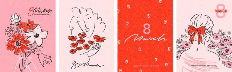 8 March greeting cards set with red and white flowers, woman face, silhouette. Hand drawn, sketched spring flowers. Women's day congratulations. Pink, red, white colors.  © olechkaart