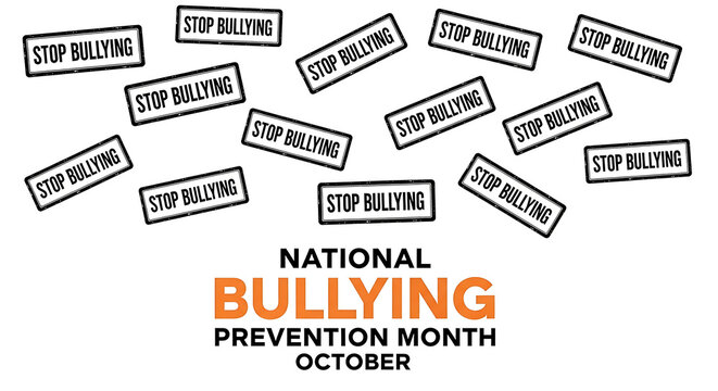 national bullying prevention month graphic featuring multiple stop bullying stamps on white promoting vital awareness and anti-bullying education.