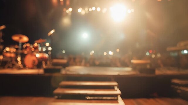 View of a concert stage before the performance starts with lights and sound equipment set up