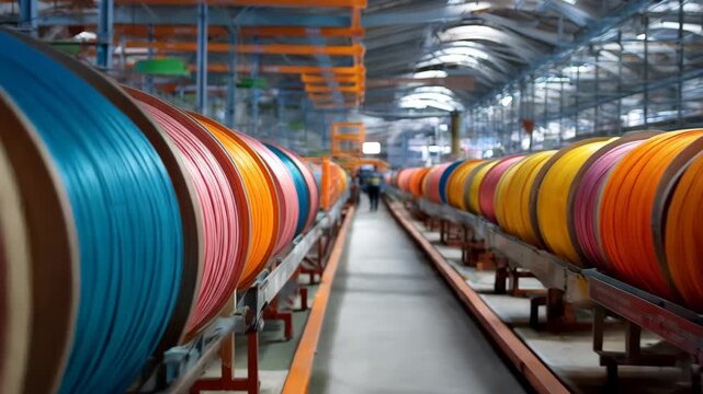 Warehouse filled with large spools of colored wire arranged on shelves in a factory during daytime