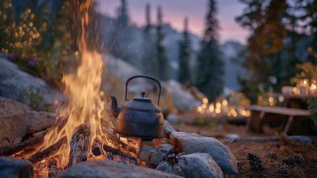 132Cinematic outdoor scene of a steel kettle heating over a roaring campfire, sparks flying from burning logs, forest floor covered with pine needles, preparing hot drink during campi