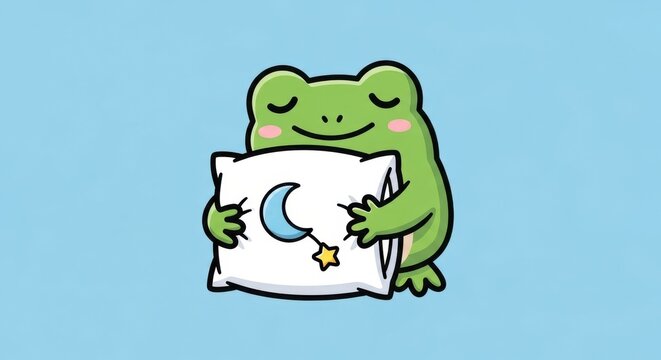 A green cartoon frog peacefully sleeping with a pillow and a dreamy moon and star on it against a light blue background