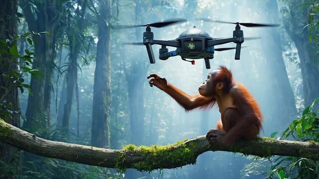 An orangutan, perched on a mossy branch, reaches toward a drone hovering above it in a jungle