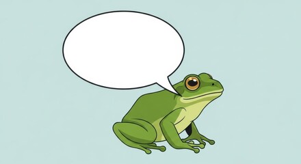 Obraz premium A green frog with a speech bubble sitting on a light blue background