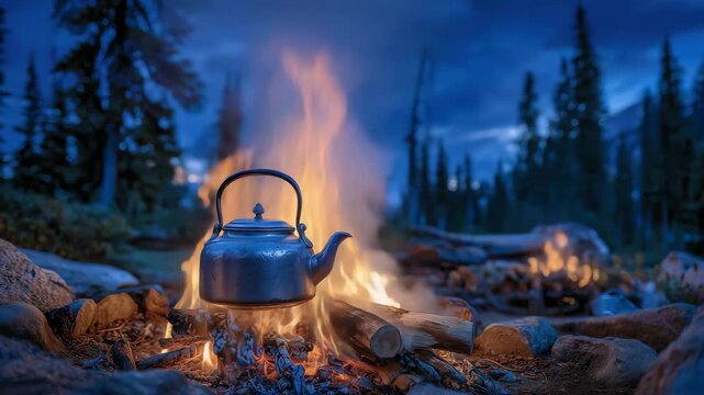 142Dramatic low-angle view of campfire flames engulfing logs beneath a metal kettle, steam clouds visible against dark forest backdrop, preparing tea in the wild