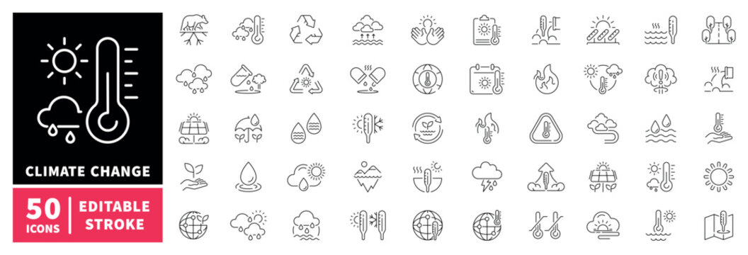 Climate change editable line icons set. weather and environment symbols