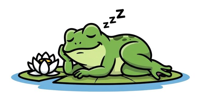 A green frog sleeping on a lily pad with a white flower isolated on white background