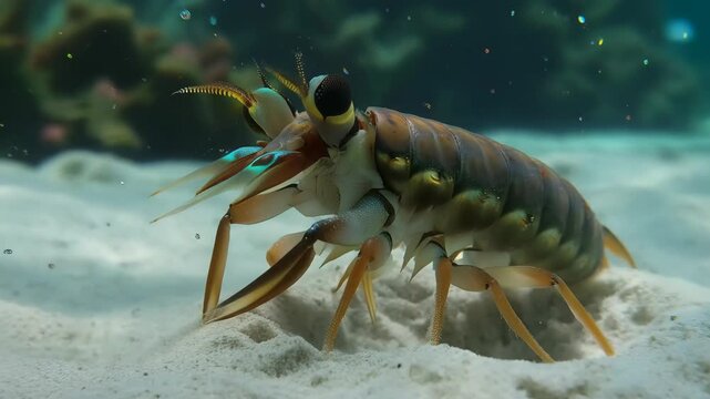 Closeup of mantis shrimp on sandy seabed underwater scene