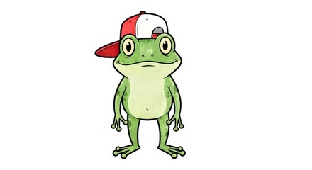 Obraz premium A green cartoon frog wearing a red and white baseball cap on its head standing on white background