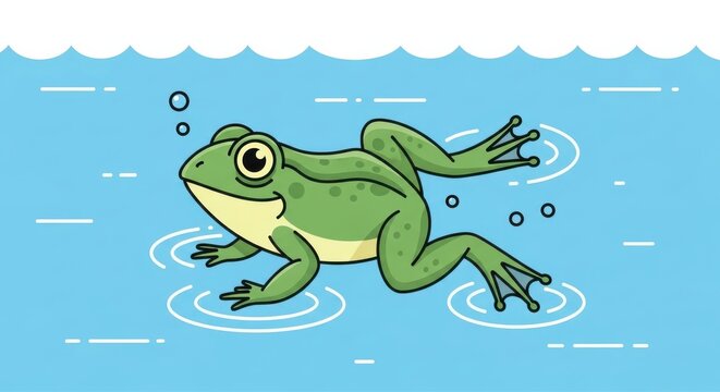 A cartoon frog swimming in water with bubbles around it