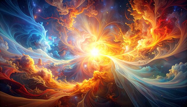 Vibrant cosmic energy erupts in swirling clouds of light and color, an abstract art masterpiece