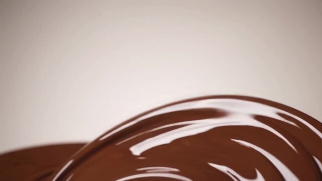Luxurious, rich dark chocolate swirls into a smooth, glossy vortex, showcasing a slow, decadent stream of melted confectionery perfection in a captivating food macro shot.
