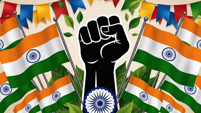 Raised fist and Indian flags for national independence celebration