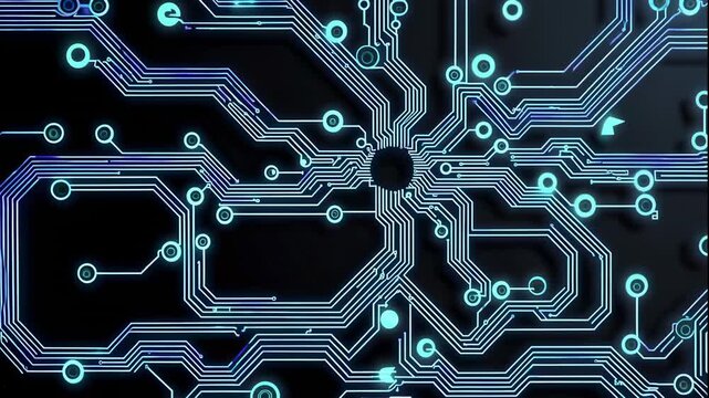 A futuristic video showcasing a neon blue circuit board with glowing lines and pins on a dark background
