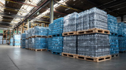 Palletized bottled drinking water stored in warehouse distribution center for retail supply