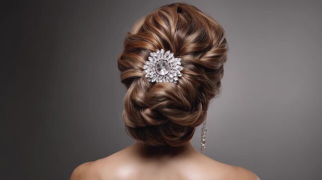 Elegant updo hairstyle with a decorative hairpiece and earrings on a woman facing away from the camera against a simple background