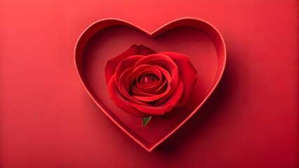 Red rose in heart shaped box on red background; Valentinesday baackground.