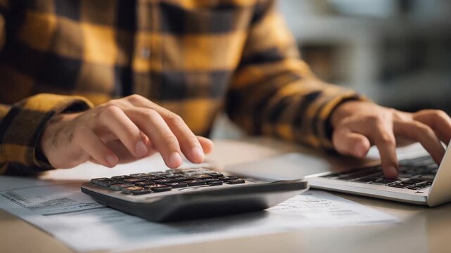 Person using calculator and laptop for financial tasks at a desk
