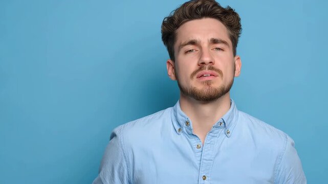Man makes a facial expression of disgust while standing against a blue background in a simple setting