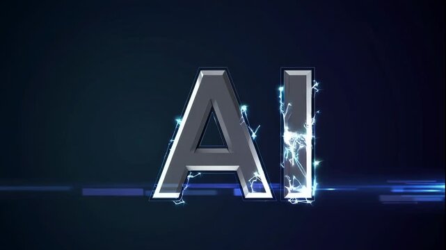 A futuristic video showcasing the concept of artificial intelligence with a sleek AI logo on a dark background with neon connections