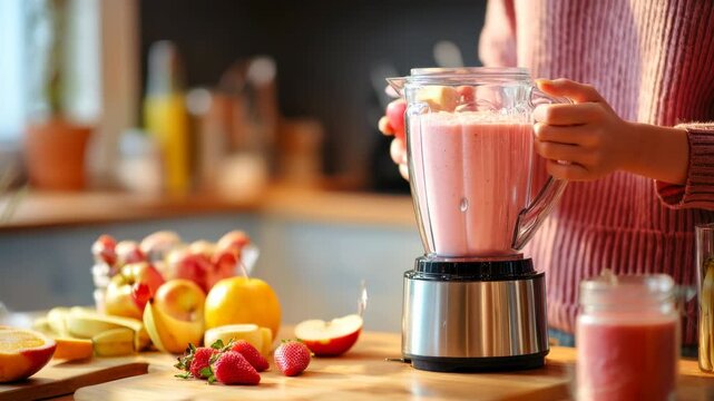 Smoothie making with a blender and apple pouring for healthy nutrition. This fruit lifestyle and kitchen wellness scene shows a person preparing a fresh organic drink for vitality in 4k.