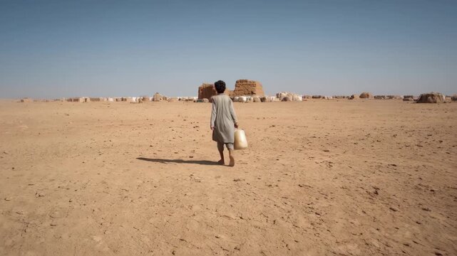Child walks across dry land carrying water in a desert area with huts in the background during daylight hours