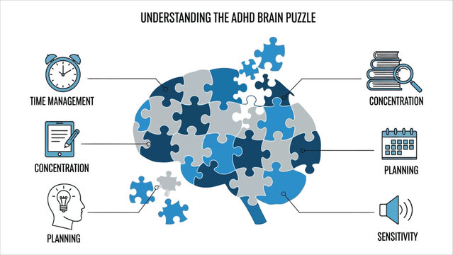 Vector ADHD Brain Puzzle Infographic with Time, Books and Focus Icons..