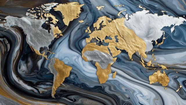 176Top-down abstract world map made entirely of flowing metallic oil, warm gold representing wealth, cool silver symbolizing industry, global energy balance concept