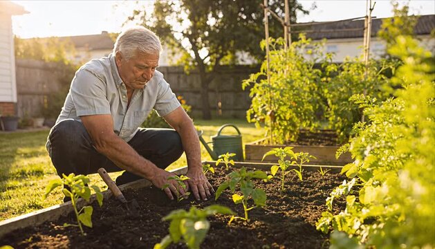Senior man gardening backyard garden outdoor activity planting vegetable healthy lifestyle retirement hobby ethnicity body proportions emotional moment with older man garden vegetable soil sunlight