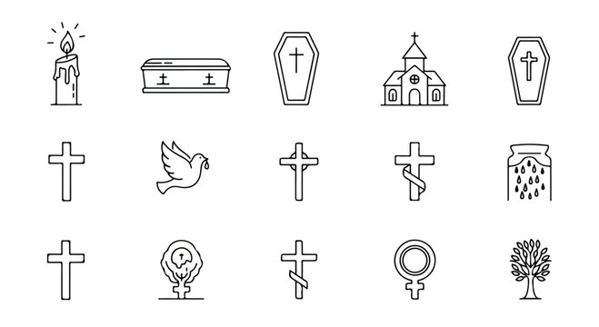A flat lay of various religious and mourning icons, including crosses, a church, coffin, and dove, on a plain white background.