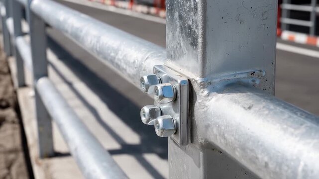 186Macro detail of reflective metal guardrail bolts and seams, bright sun glinting off galvanized steel, precision engineering for roadside safety