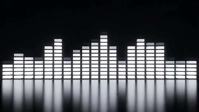 White bars form a city skyline against a dark background with reflections