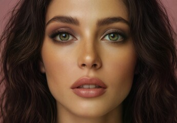 Fototapeta premium close-up portrait of a beautiful woman with flawless makeup and captivating green eyes, ideal for beauty and cosmetic advertising.