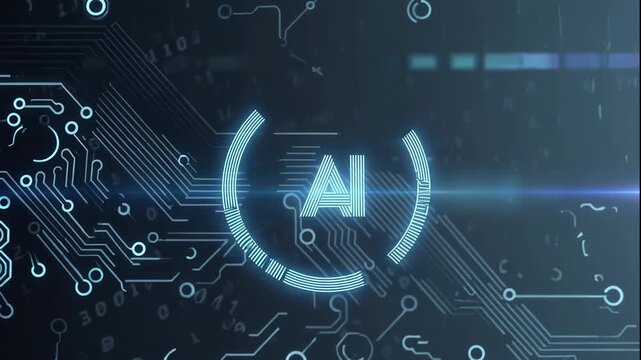 A futuristic video showcasing a neon blue AI logo on a dark circuit board background with glowing lines and symbols