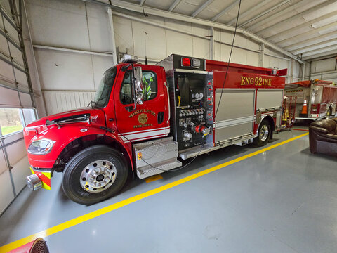 Side Profile View of a Rosenbauer / Freightliner Fire Engine of the White Level Fire Department in Franklin County, NC