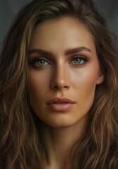 Obraz premium stunning woman with natural makeup and captivating blue eyes looking directly at the camera.