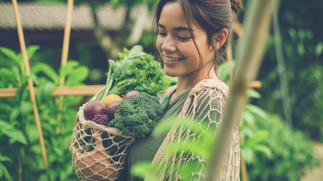 Woman with fresh vegetables from a garden for an organic lifestyle. This healthy sustainability harvest and nature concept shows a person holding a mesh bag of produce in 4k.
