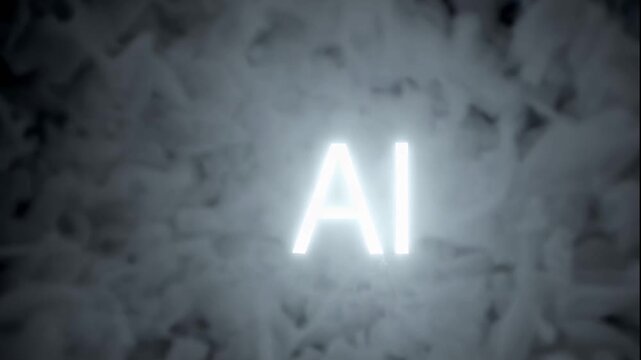 A futuristic video showcasing the concept of artificial intelligence with a glowing AI logo on a dark, textured background.