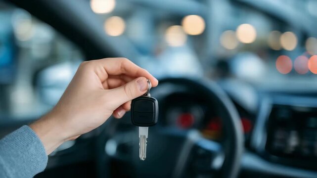 418Close-up of a hand holding shiny car keys, metallic key fob reflecting light, blurred car interior in background, symbolizing new car ownership and excitement