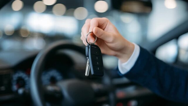 427Close-up cinematic shot of hand holding car keys above dashboard, metallic key fob gleaming, soft blurred interior in background, new ownership or vehicle handover theme