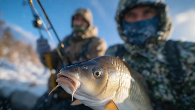 440Close-up of carp partially covered with ice crystals, blurred anglers actively fishing in background, natural sunlight reflecting on scales, cold-weather angling concept