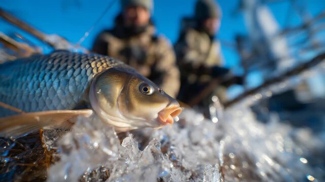441Close-up of carp with ice shards around, scales and fins catching ambient light, anglers blurred far behind, winter carp fishing theme