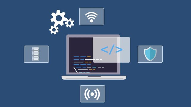 Laptop displaying programming code surrounded by technology icons, representing software development environment, system integration, and digital infrastructure.
