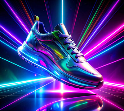 Futuristic Holographic Sneaker with Neon Laser Beams - 8K Commercial Product Mock-Up